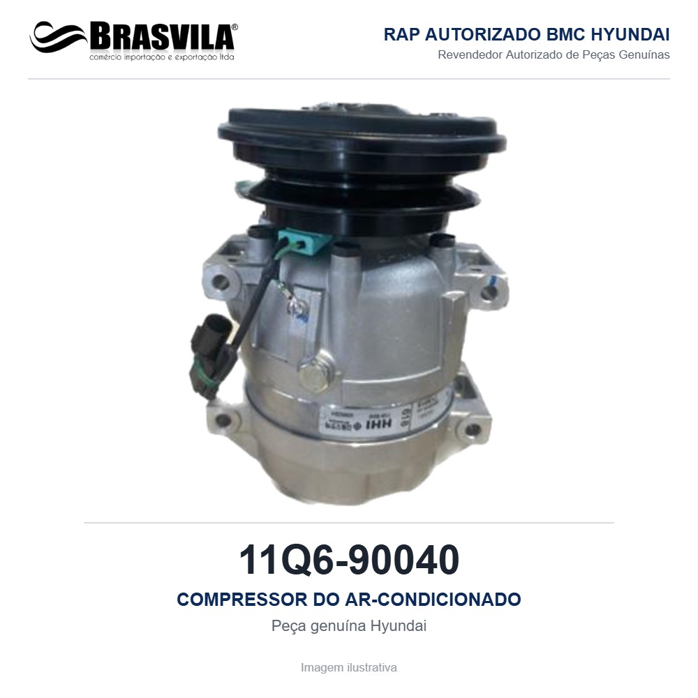 COMPRESSOR DO AR-CONDICIONADO HYUNDAI 11Q6-90040 – GENUÍNO – R210LC-9 / R220LC-9S / HX220L / HL757-9 – imagem ilustrativa COMPRESSOR DO AR-CONDICIONADO HYUNDAI 11Q6-90040 – GENUÍNO – R210LC-9 / R220LC-9S / HX220L / HL757-9 – imagem ilustrativa